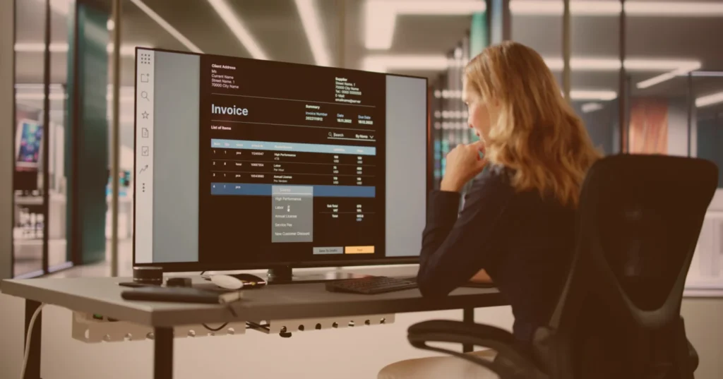 Technician reviewing digital invoice and labor log dashboard on computer screen