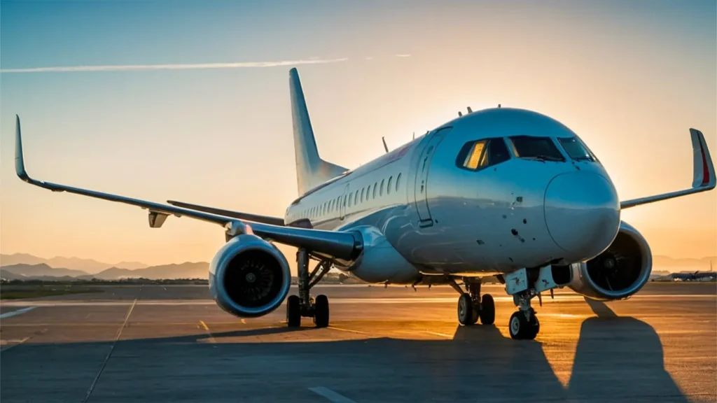 Commercial aircraft on runway at sunrise